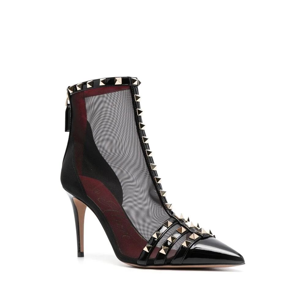 Valentino Sz 37 1/2 90mm Rockstud Black Mesh Pointed Toe Stiletto Ankle Boots - Picture 1 of 7
